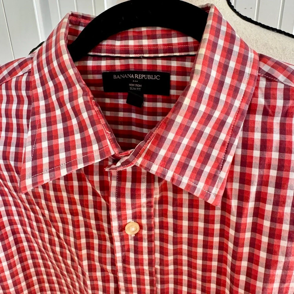 Banana Republic Men M Slim Fit Red Gingham Check LS Button Down Dress Shirt